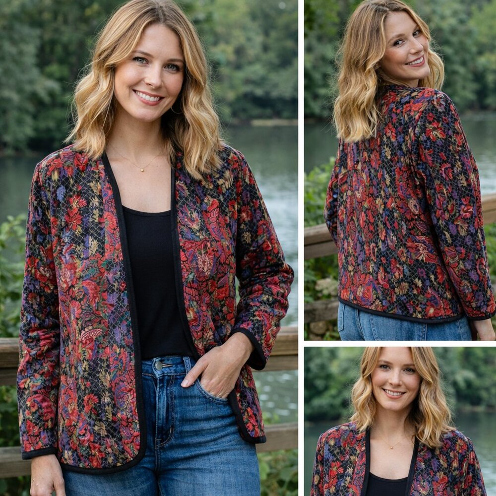 Serengeti Catalog Floral Tapestry Open Jacket | Women’s 3X | Red | Pockets